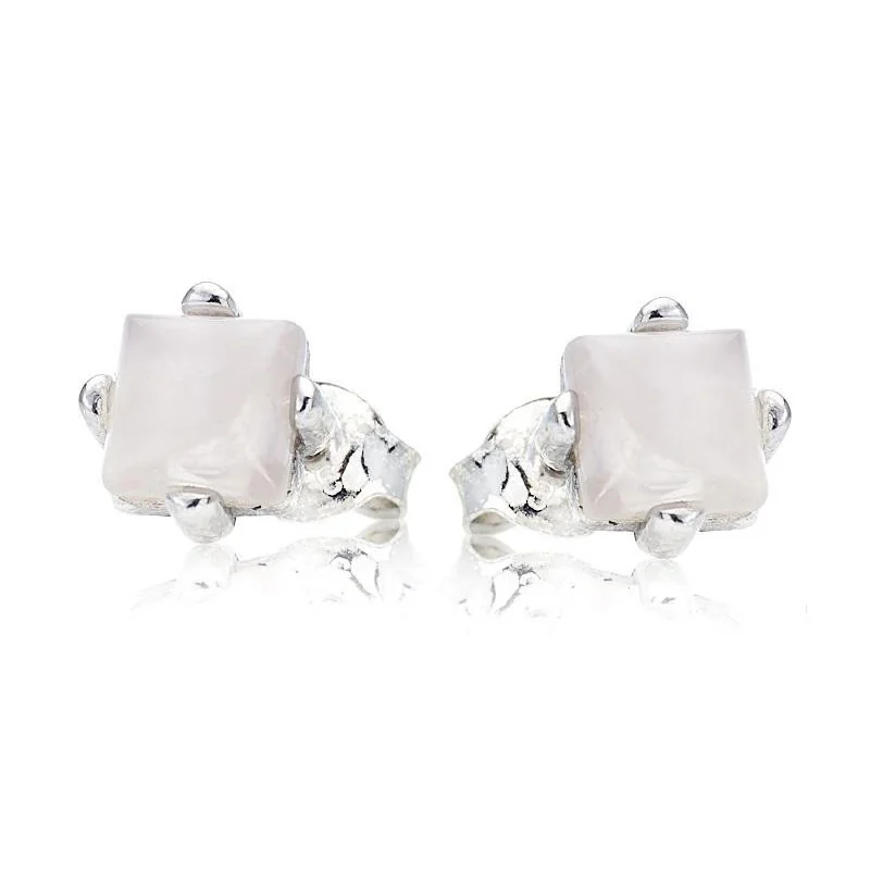 Square white moonstone stud earrings, in 925 rhodium silver