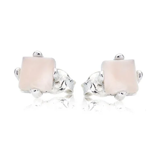 Square natural rose quartz stud earrings, in 925 rhodium silver