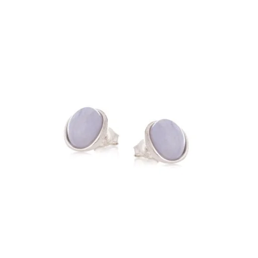 Stud earrings with round natural blue lace agate, in 925 rhodium silver