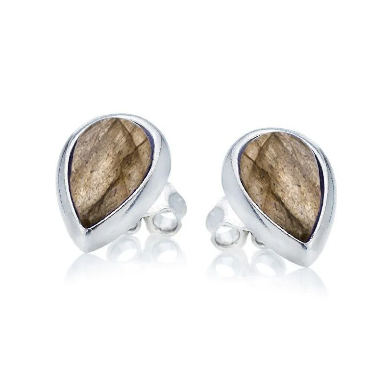 Stud earrings with multi-colored labradorite drop, in 925 rhodium silver