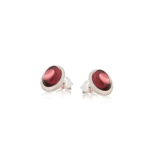 Stud earrings with natural oval red garnet, in 925 antique silver