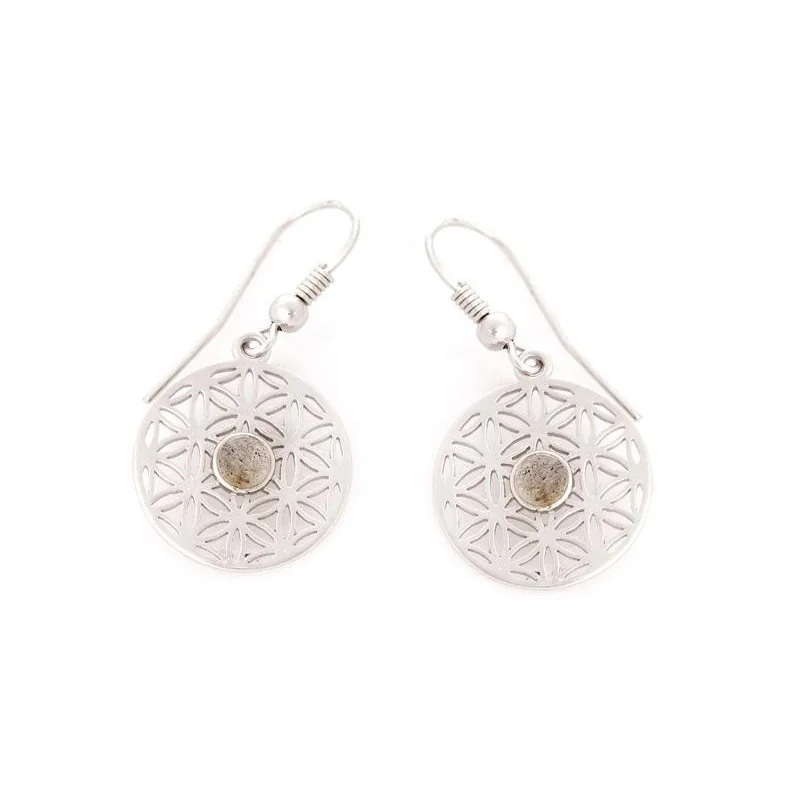 Flower of life earrings with multi-colored labradorite, 925 rhodium silver