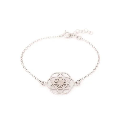 Flower of life bracelet with rose quartz, in 925 rhodium silver, length 16+ 3 cm