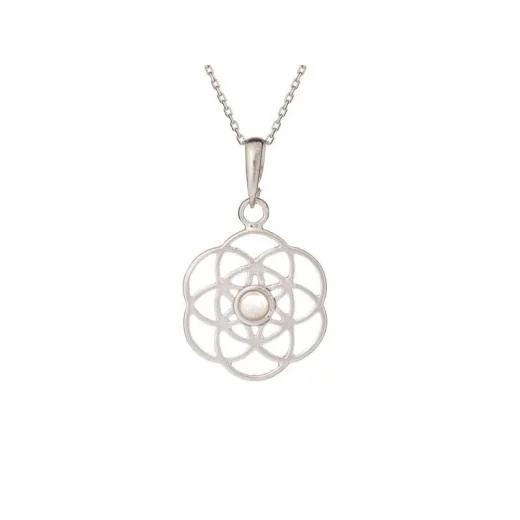 Flower of life pendant with rose quartz, in 925 rhodium silver, diameter 2+1 cm