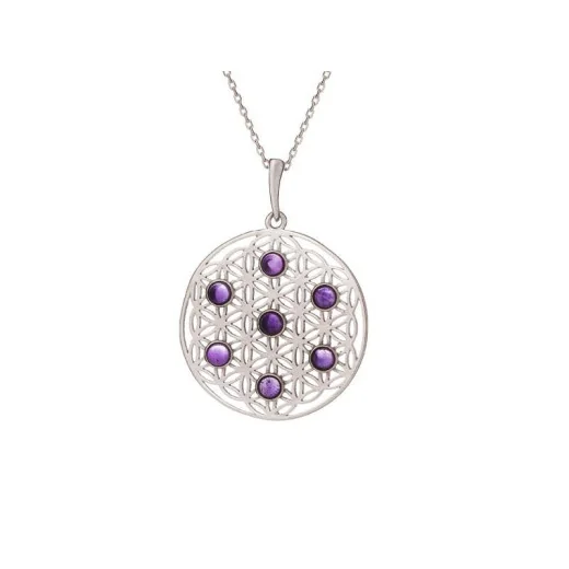 Flower of life pendant with purple amethyst, 925 rhodium silver, 2.7+1 cm