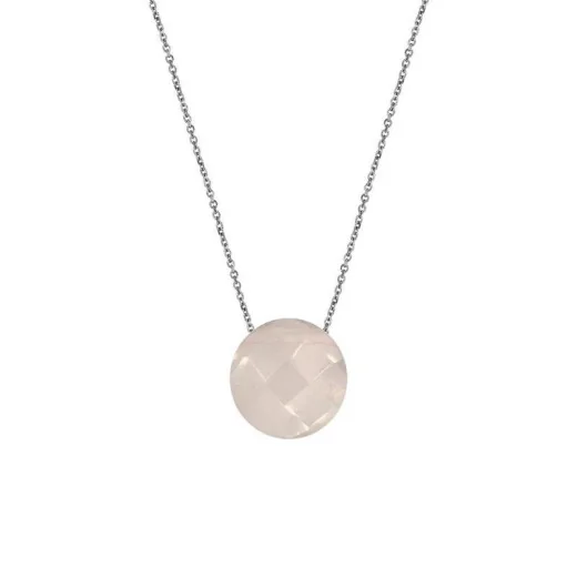 Necklace with round natural rose quartz, in 925 rhodium silver, length 42 + 3 cm