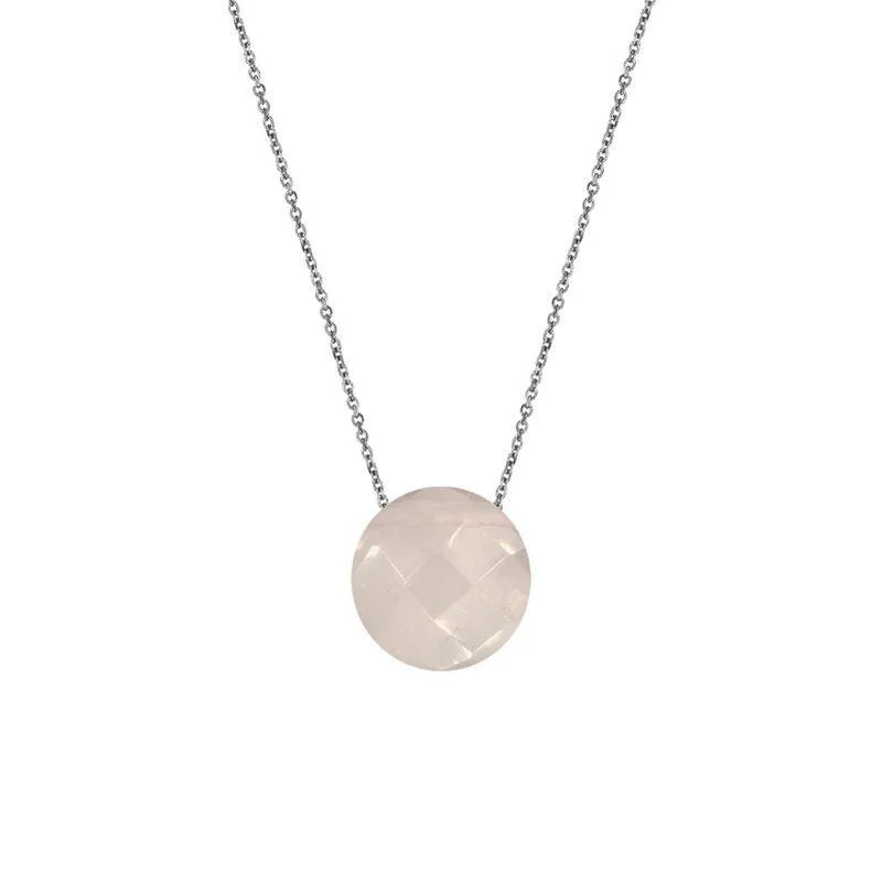 Necklace with round natural rose quartz, in 925 rhodium silver, length 42 + 3 cm