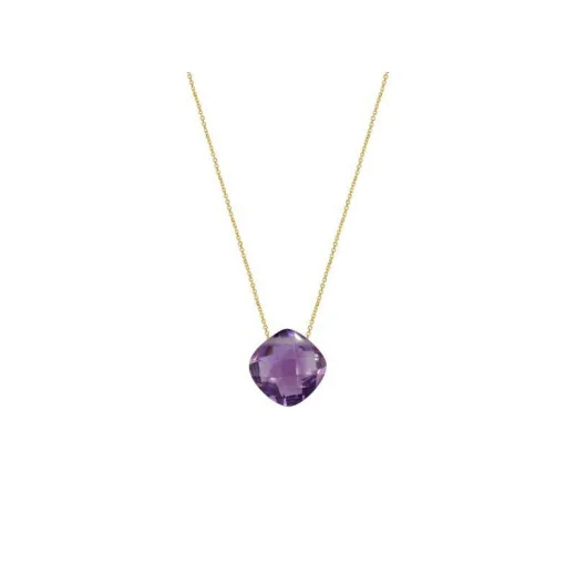 Necklace with natural purple amethyst cushion, in 750 gold, length 42 + 3 cm