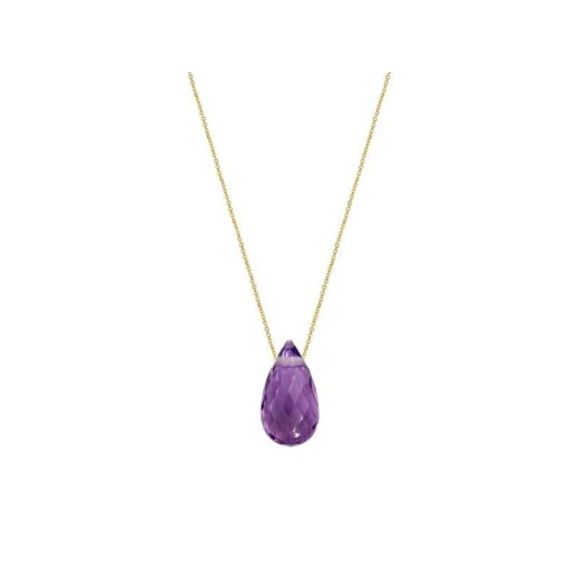 Necklace with natural purple amethyst drop, in 750 gold, length 42 + 3 cm