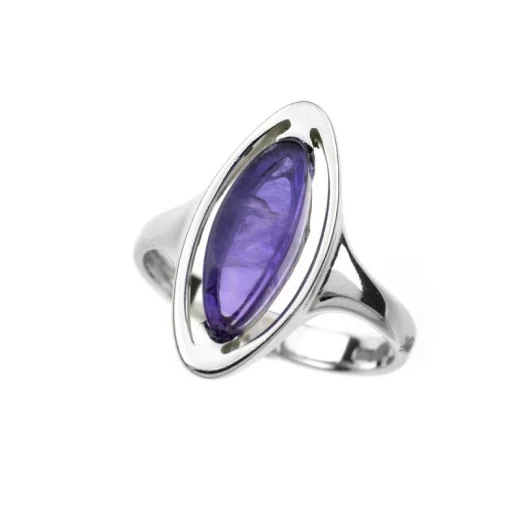 Ring with natural purple amethyst navette, in rhodium silver 925