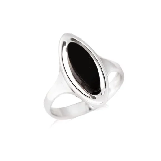 Ring with natural tinted black agate navette, in 925 rhodium silver