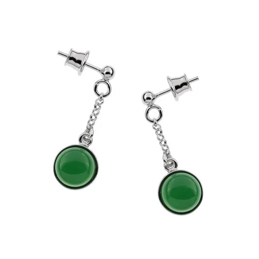 Round dangling earrings with tinted green agate, 925 rhodium silver