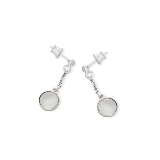 Round dangling earrings with aqua tinted agate, in rhodium-plated 925 silver