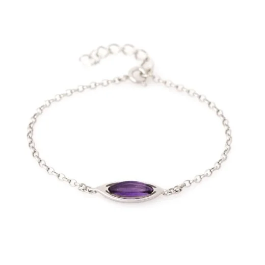 Bracelet with purple amethyst navette, in rhodium-plated silver 925, length 17+3 cm