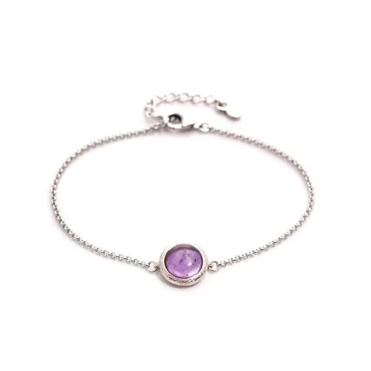 Bracelet with round purple amethyst, in 925 rhodium silver, length 15.5+3 cm