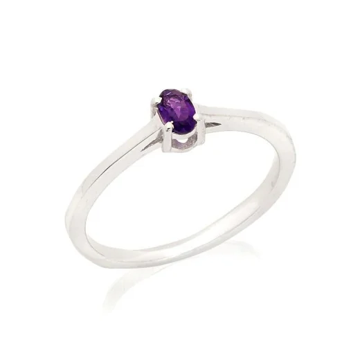 Ring with natural purple amethyst, in rhodium-plated silver 925