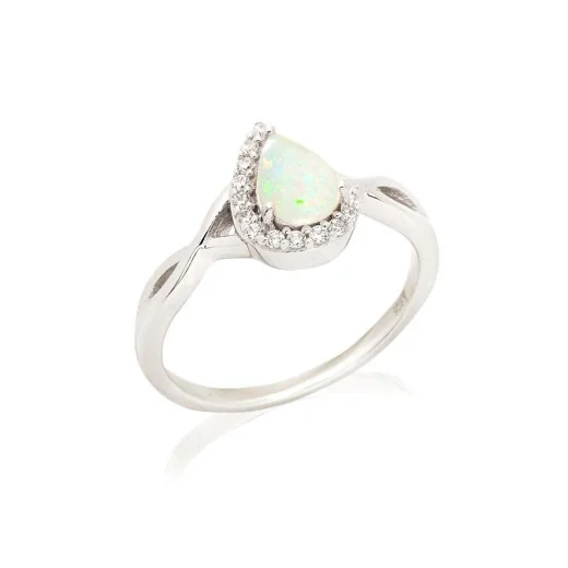 Drop ring with opal and zirconium oxide, in rhodium-plated silver 925