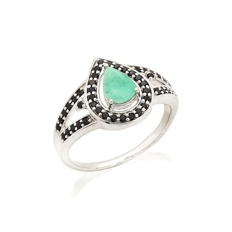 Drop ring with emerald and spinel, in 925 rhodium silver