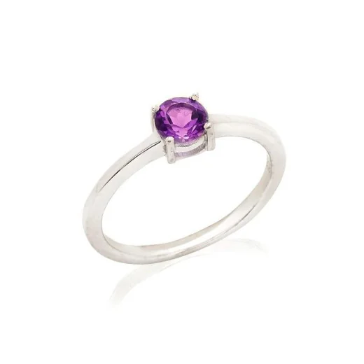 Round ring with natural purple amethyst, in 925 rhodium silver