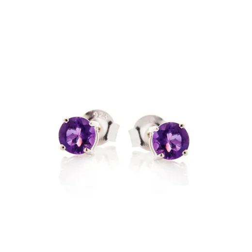 Round stud earrings with natural purple amethyst, in 925 rhodium silver