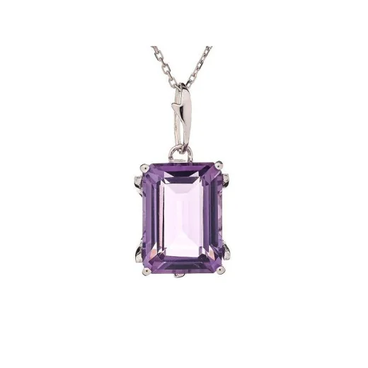 Rectangular pendant with natural purple amethyst, in 925 rhodium silver