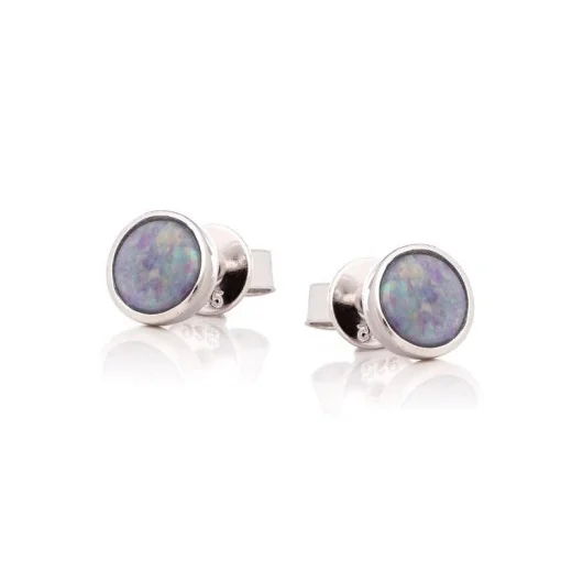 Stud earrings with round doublet blue opal, in 925 rhodium silver