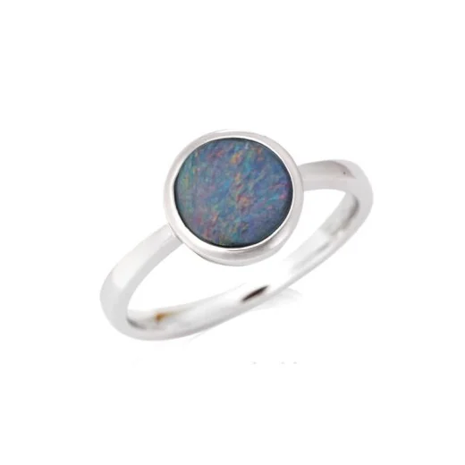 Ring with round Australian doublet blue opal, in 925 rhodium silver