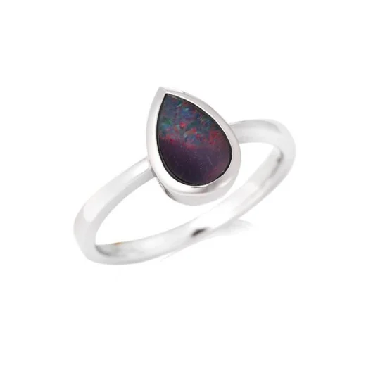 Ring with blue opal doublet from Australia drop, in rhodium silver 925