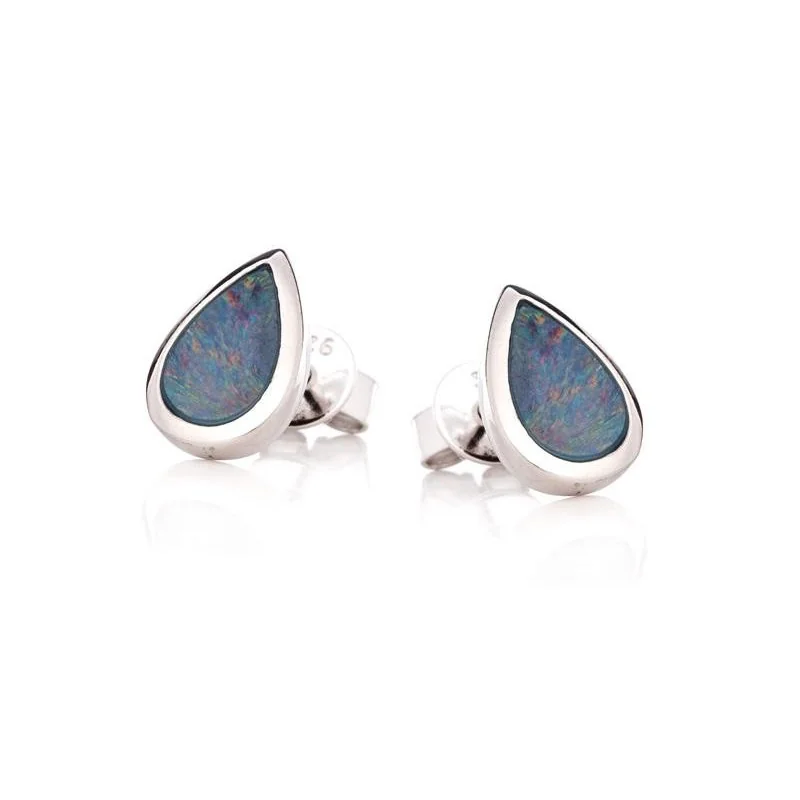 Stud earrings with blue opal doublet drop, in rhodium-plated silver 925