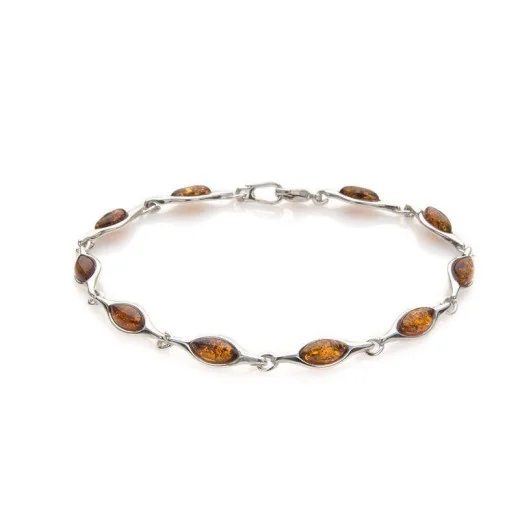 Bracelet with cognac amber navette, in rhodium silver 925, length 18 cm