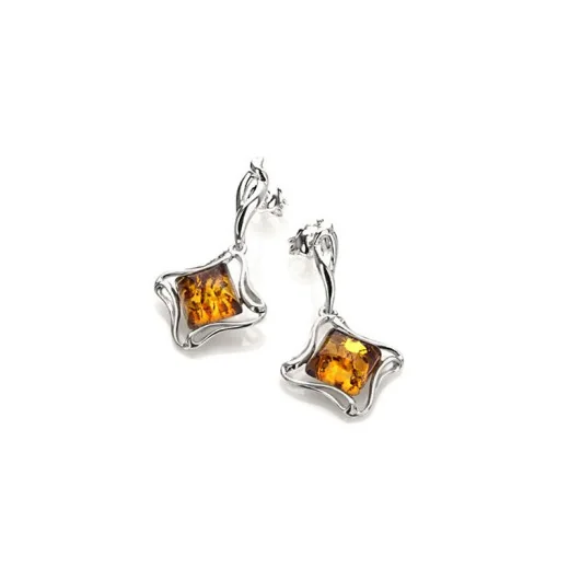 Earrings with natural cognac amber, in 925 rhodium silver