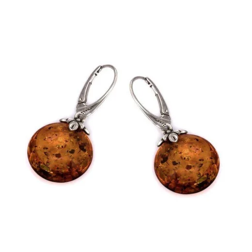 Dangle earrings with round cognac amber, in 925 rhodium silver