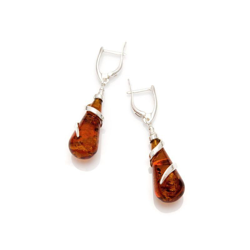 Orecchini pendenti in ambra baltica cognac goccia, argento rodiato 925, 1x3,5 cm — foto 1