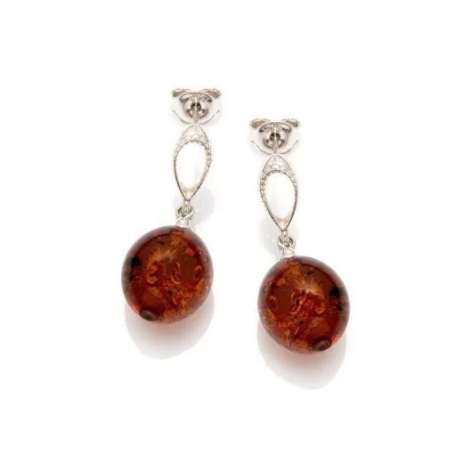 Drop earrings with cognac amber ball, in 925 rhodium silver