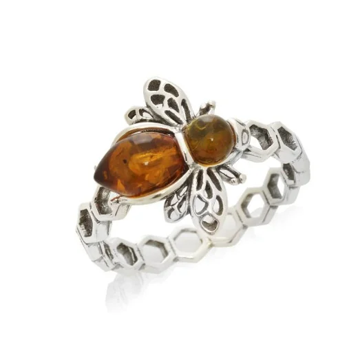 Bee ring with natural cognac amber, in aged 925 silver