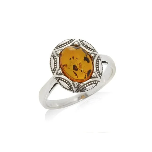 Ring with natural cognac amber from the Baltic Sea, in aged 925 silver