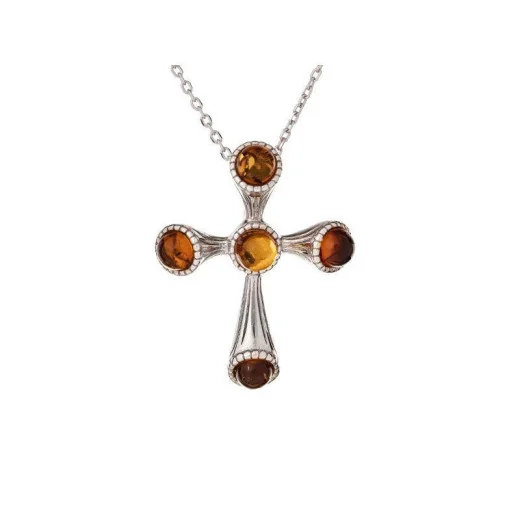 Cross pendant with round cognac amber, in 925 rhodium silver, height 2.5 cm