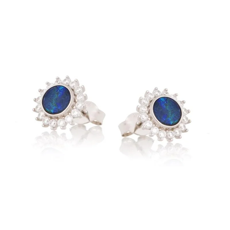 Earrings with opal doublet and zirconium oxide, rhodium-plated silver 925