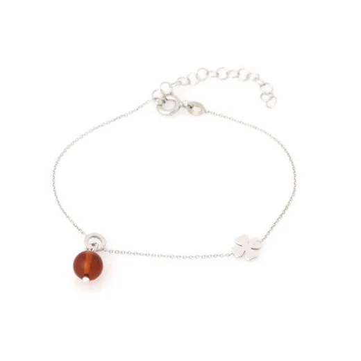 Clover bracelet with cognac amber, in 925 rhodium silver, length 16+3.5 cm