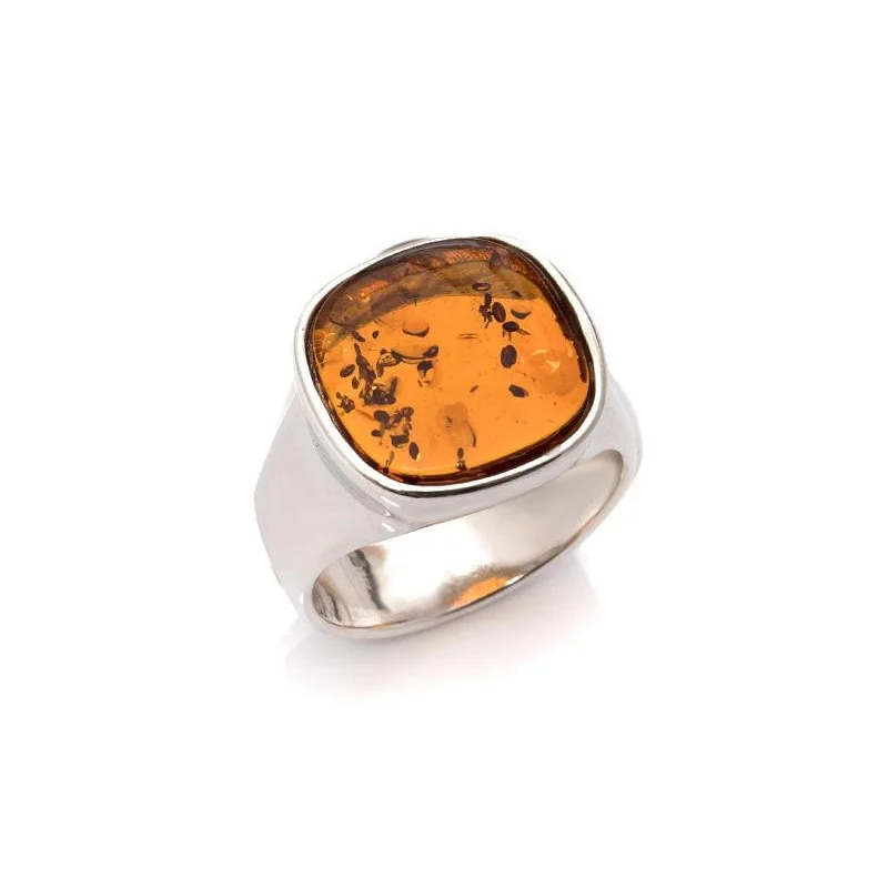 Square Signet ring with natural cognac amber square, in rhodium-plated silver 925