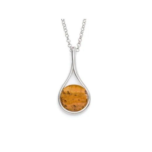 Necklace with natural cognac amber from the Baltic Sea round, in rhodium-plated silver 925