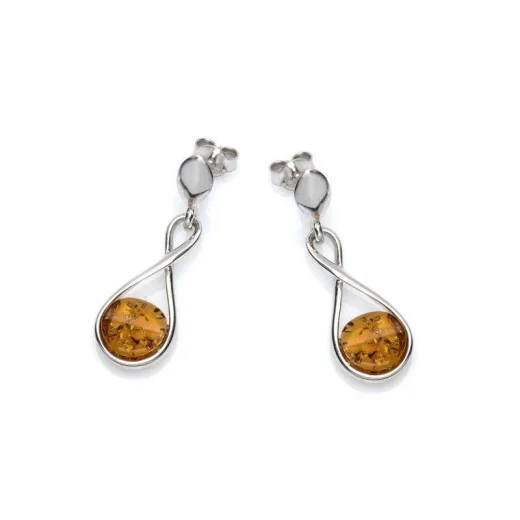 Dangle earrings with round cognac amber, in 925 rhodium silver