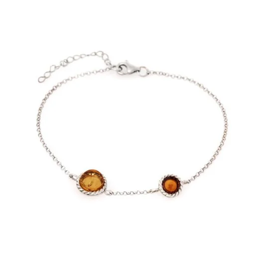 Bracelet with round cognac amber, in 925 rhodium silver, length 17+3 cm