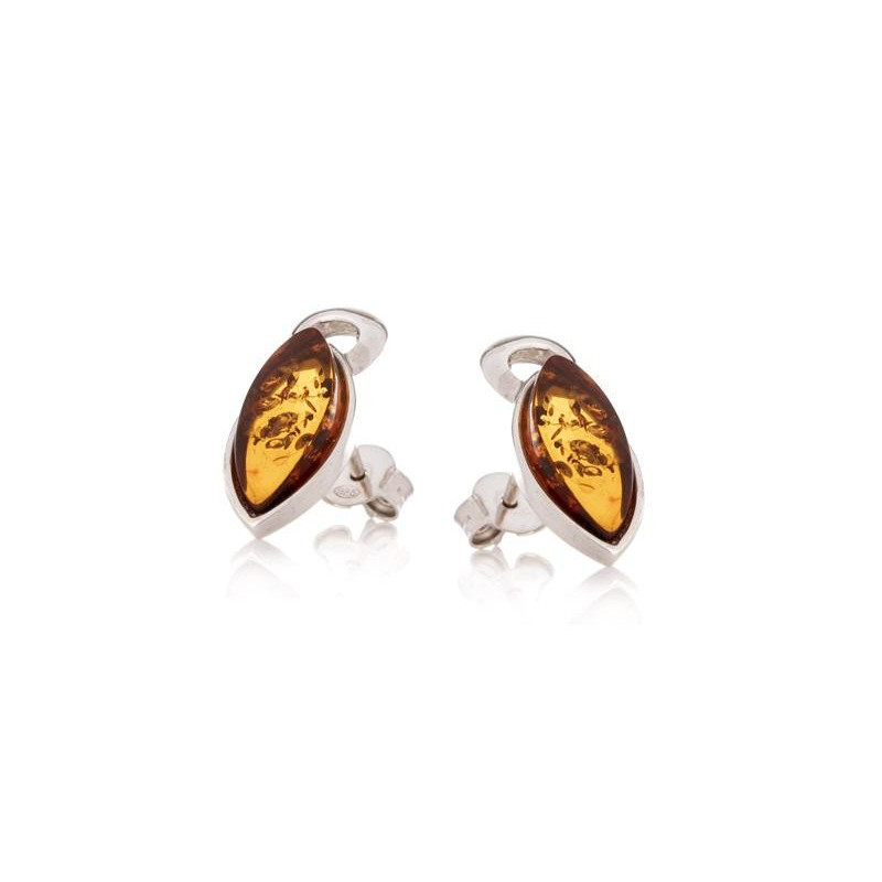 Orecchini a lobo in ambra baltica cognac marquise, argento rodiato 925, 0,7x2 cm — foto 1