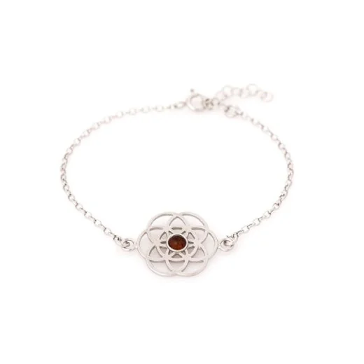 Flower of life bracelet with cognac amber, in 925 rhodium silver, length 16+ 3 cm