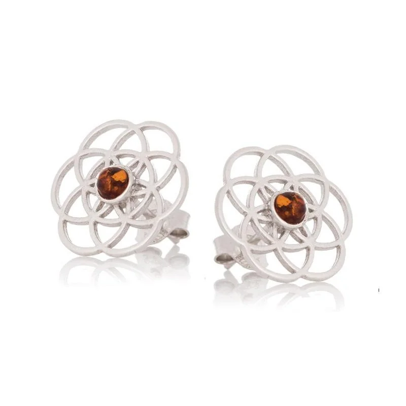 Flower of life earrings with natural cognac amber, in 925 rhodium silver