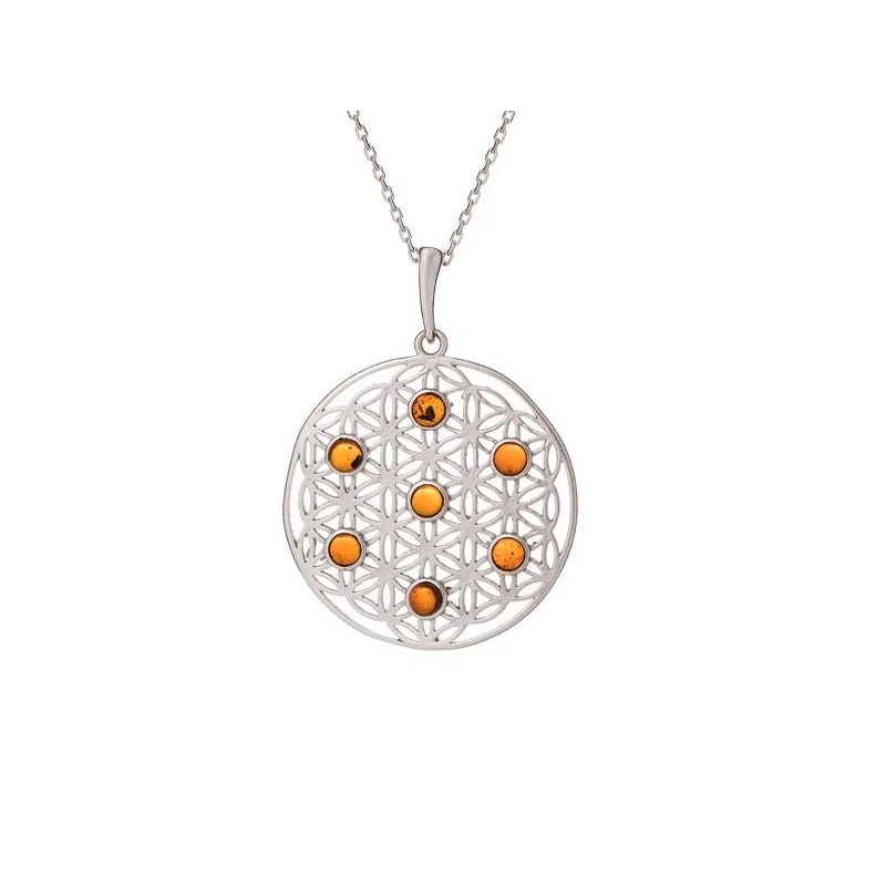 Flower of life pendant with cognac amber, 925 rhodium silver, diameter 2.7+1 cm