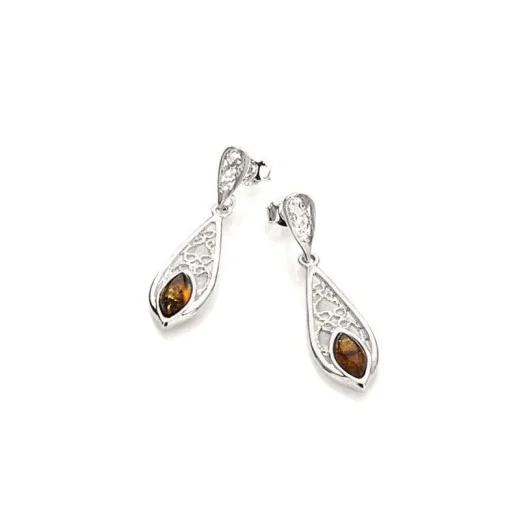 Dangle earrings with natural cognac amber, in 925 rhodium silver