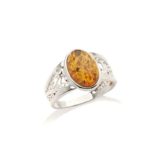 Ring with natural cognac amber from the Baltic Sea oval, in rhodium-plated silver 925