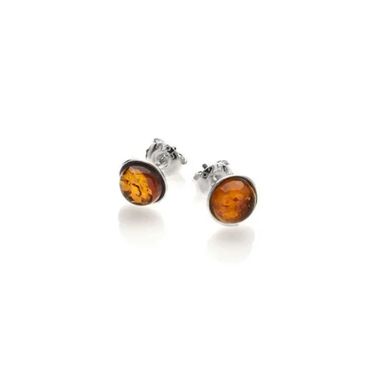 Stud earrings with round Baltic Sea cognac amber, 925 rhodium-plated silver